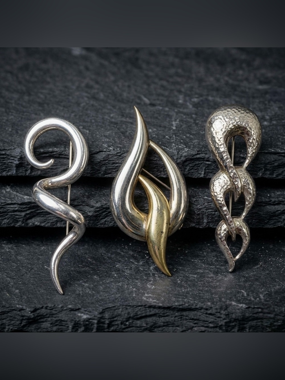 Vintage 80s Mixed Lot 3 Mid Century Modern Abstract Silver Gold Tone Brooch Set